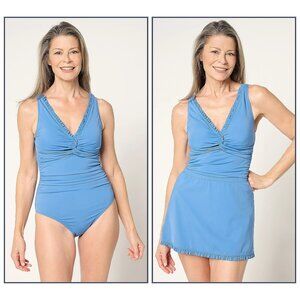 Susan Graver Soleil VNeck Swimsuit with Ruffles & Overskirt Size 22W Blue Indigo